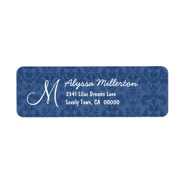 Navy Blue Damask Monogram M Ver 001 Adressetikett (Vorne)