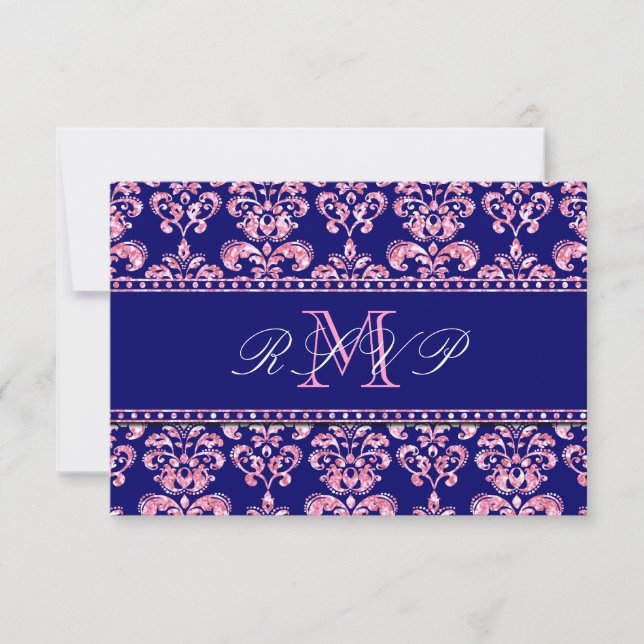 Navy Blue Damask Pink Glitzer Wedding RSVP (Vorderseite)