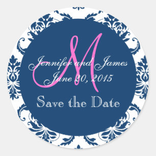 Navy Blue Damask Pink Monogram Save the Date Runder Aufkleber