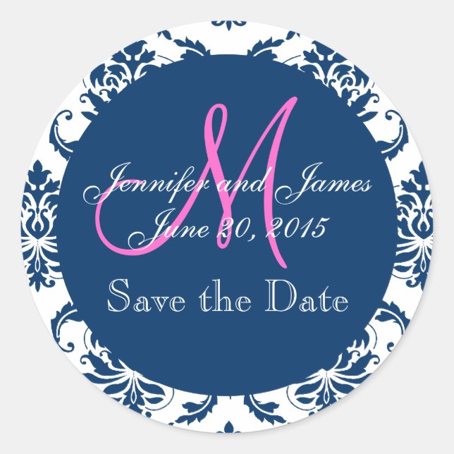 Navy Blue Damask Pink Monogram Save the Date Runder Aufkleber (Vorderseite)