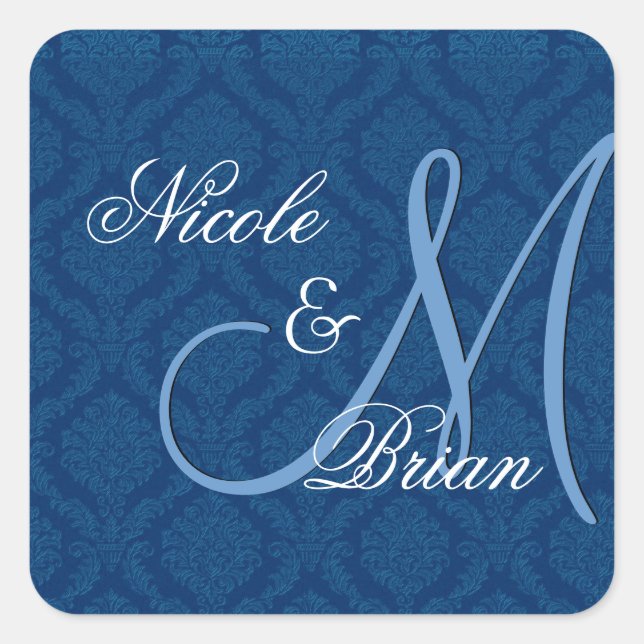 Navy Blue Damask Wedding Bride Groom Monogram Quadratischer Aufkleber (Vorderseite)
