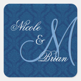 Navy Blue Damask Wedding Bride Groom Monogram Quadratischer Aufkleber