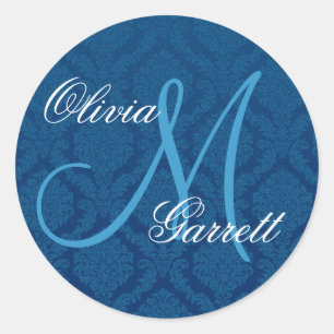 NAVY BLUE Damask Wedding Custom Monogram V1 Runder Aufkleber