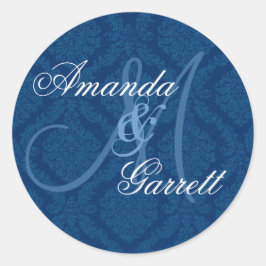 NAVY BLUE Damask Wedding Custom Monogram V2 Runder Aufkleber