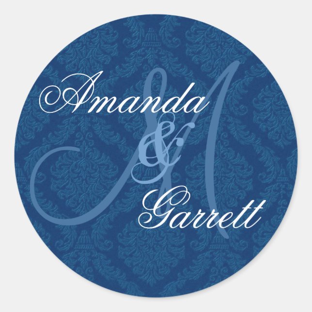 NAVY BLUE Damask Wedding Custom Monogram V2 Runder Aufkleber (Vorderseite)