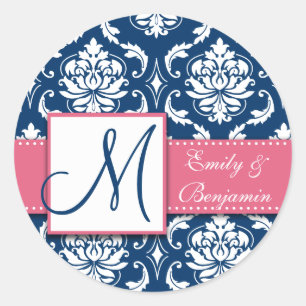 Navy Blue Damask Wedding Gefallen Sticker Pink