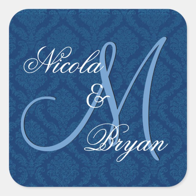 Navy Blue Damask Wedgebride Groom Monogram V2A Quadratischer Aufkleber (Vorderseite)