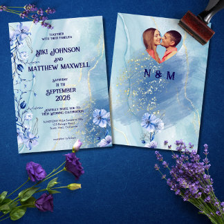 Navy Blue Delphinium Floral Wedding Invitation Einladung