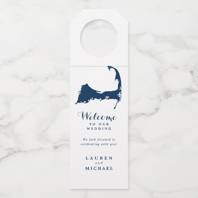 Navy Blue Dennis Cape Cod Map Gold Heart Wedding Flaschenanhänger (Vorderseite)