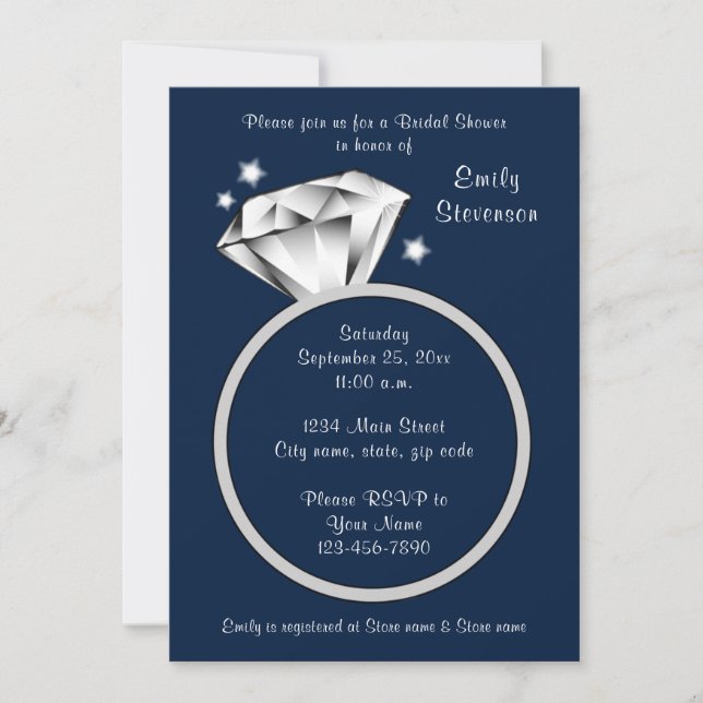 Navy Blue Diamond Ring Bridal Dusche Einladung (Vorderseite)