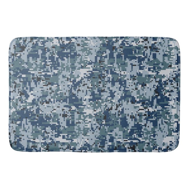 Navy Blue Digital Pixels Camouflage Deco Badematte (Vorderseite)