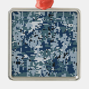 Navy Blue Digital Pixels Camouflage Deco Ornament Aus Metall