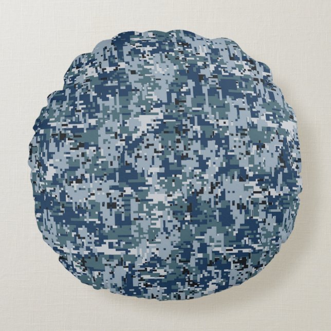Navy Blue Digital Pixels Camouflage Deco Rundes Kissen (Vorderseite)