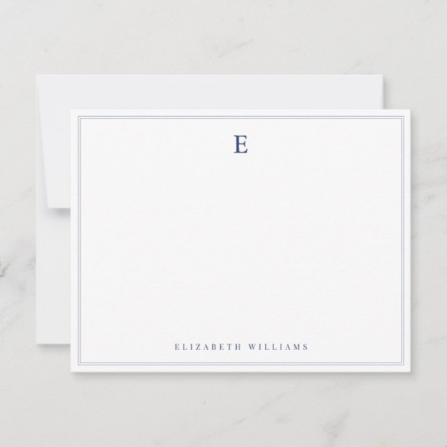 Navy Blue Double Border Simple Elegant Monogram  Mitteilungskarte (Vorderseite)