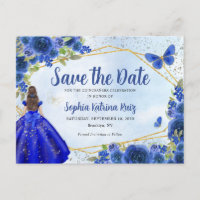 Navy Blue Dress Floral Quinceañera Save the Date