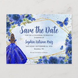 Navy Blue Dress Floral Quinceañera Save the Date Postkarte