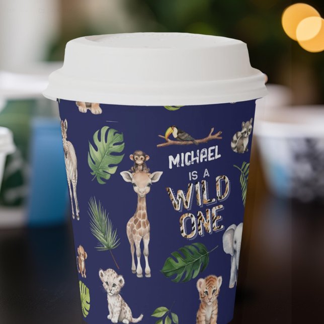 Navy Blue, Dschungeltiere, Safari 1. Geburtstag Pappbecher (Navy Blue, Safari themed, jungle animals boy 1st birthday party paper cups)