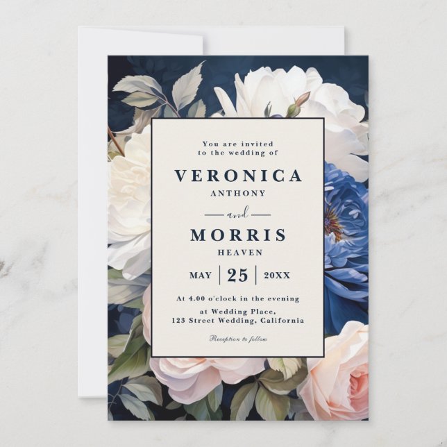 Navy Blue & Dusty Blush Pink Floral Wedding Invita Einladung (Vorderseite)