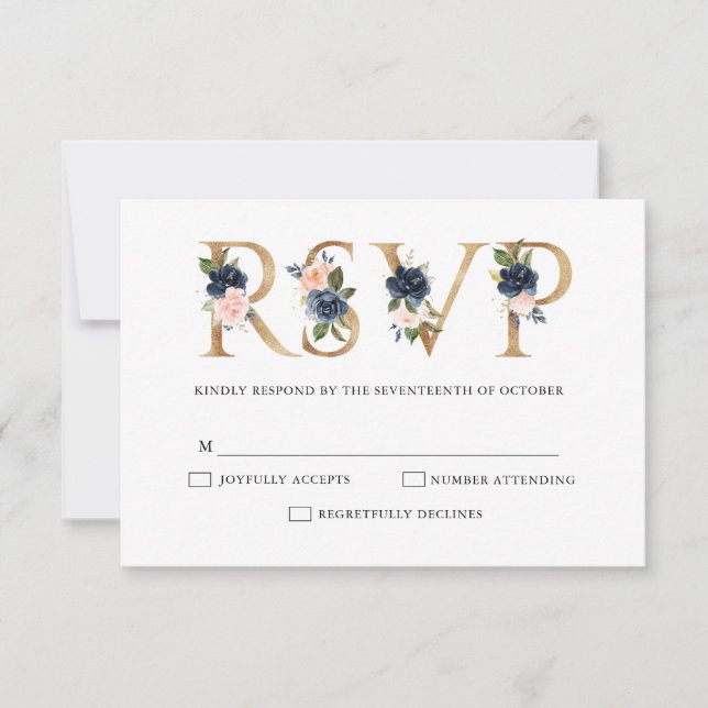 Navy Blue Dusty Blush Pink Floral Wedding RSVP (Vorderseite)