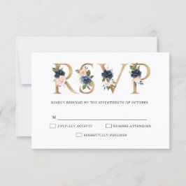 Navy Blue Dusty Blush Pink Floral Wedding RSVP Karte