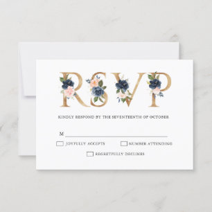 Navy Blue Dusty Blush Pink Floral Wedding RSVP Karte