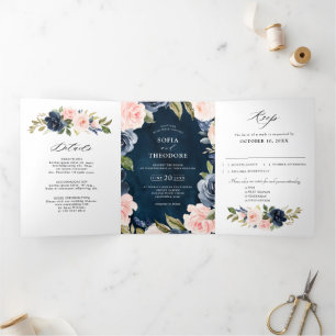 Navy Blue Dusty Blush Pink Floral Wedding Tri-Fol Dreifach Gefaltete Ankündigung