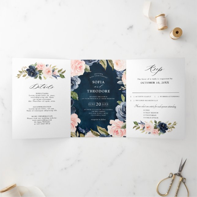 Navy Blue Dusty Blush Pink Floral Wedding Tri-Fol Dreifach Gefaltete Ankündigung (Innenseite)