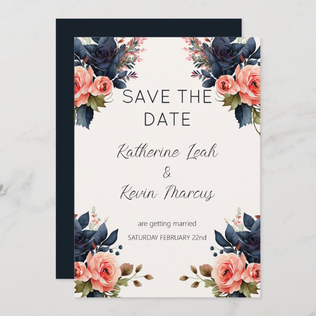 Navy Blue Dusty Rose Floral Save the Date Hochzeit Einladung (Vorne/Hinten)
