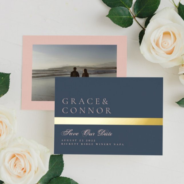 Navy Blue Dusty Rose Stripe Foto Save the Date Folieneinladung (Von Creator hochgeladen)