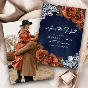 Navy Blue Dusty Terracotta Rose Wedding Foto Save The Date