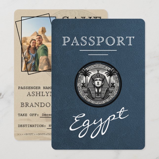 Navy Blue Egypt Passport Wedding Save the Date (Vorne/Hinten)