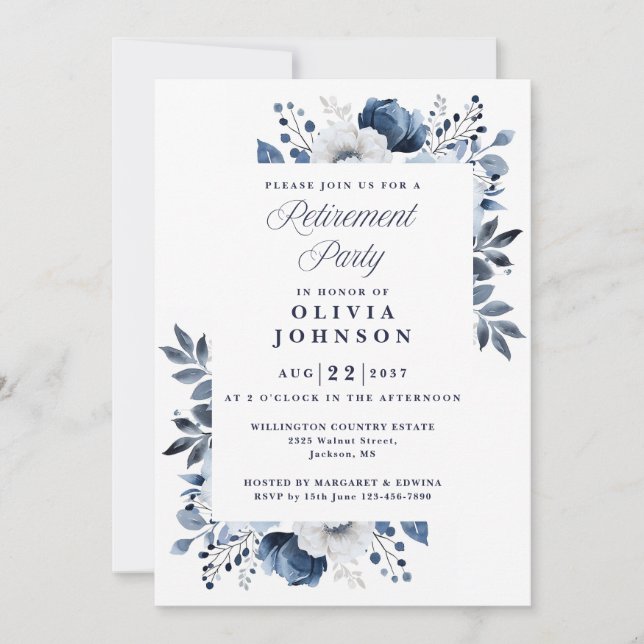 Navy Blue EleganCountry Floral Retirement Party Einladung (Vorderseite)