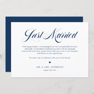 Navy Blue Elegant Bold Calligraphy Just Married Ankündigung