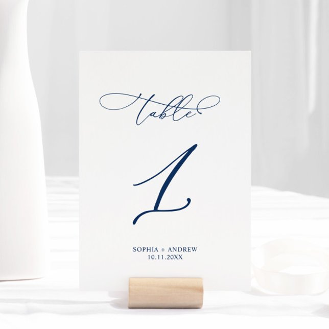 Navy Blue Elegant Calligraphy Table 1 Wedding Tischnummer (Von Creator hochgeladen)
