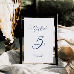 Navy Blue Elegant Calligraphy Table 5 Wedding Tischnummer