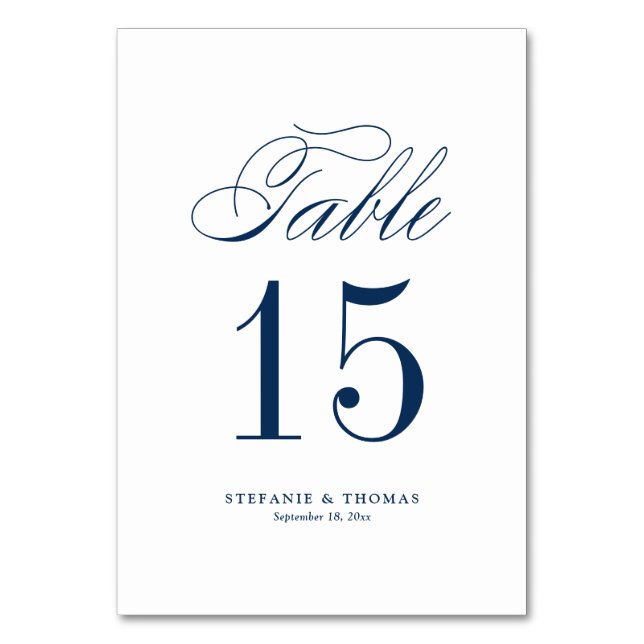 Navy Blue Elegant Classic Script Wedding Tischnummer (Vorderseite)