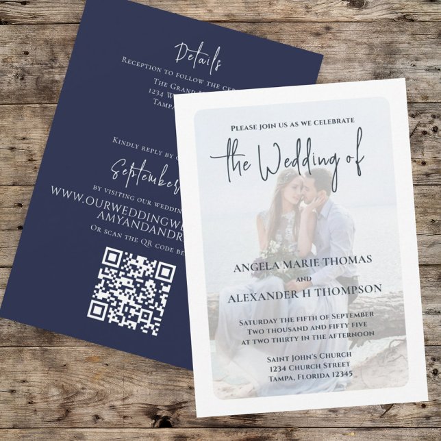 Navy Blue Elegant Foto QR Code Wedding RSVP Einladung (Elegant Wedding invitation with a Navy Blue and minimalist photo vellum photo overlay effect.)