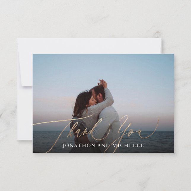 Navy Blue Elegant Gold Calligraphy Wedding Photo Dankeskarte (Vorderseite)