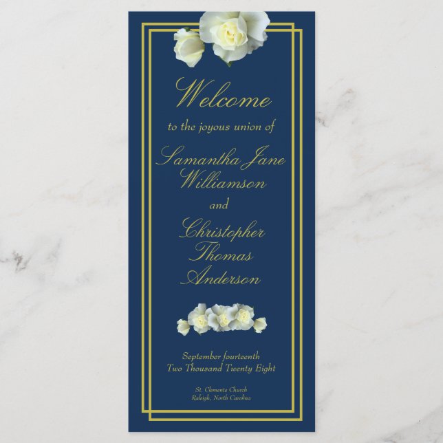 Navy Blue Elegant Gold Script Gerahmt White Rose Programm (Vorderseite)
