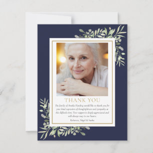 Navy Blue Elegant Greenery Gold Beerdigung Foto Dankeskarte