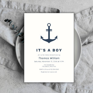 Navy Blue Elegant Nautical Anchor Baby Shower Einladung