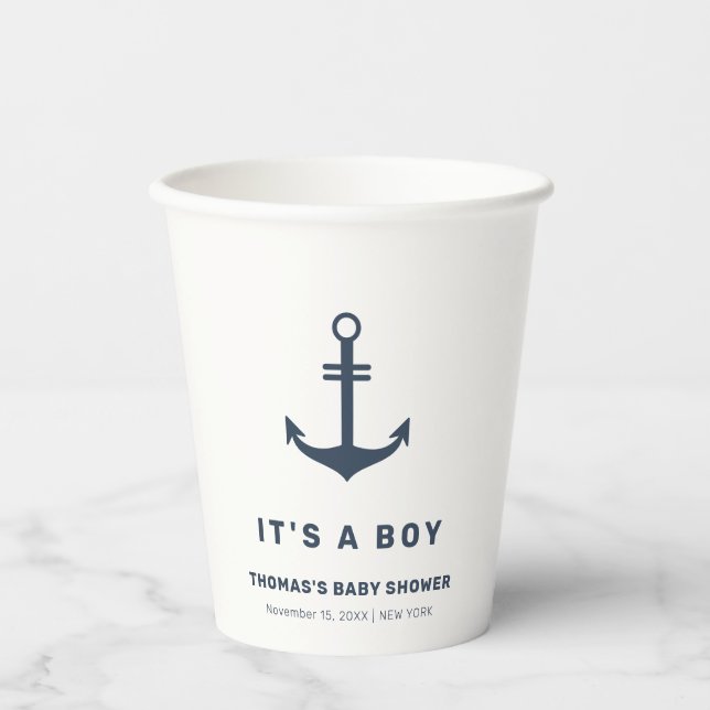 Navy Blue Elegant Nautical Anchor Baby Shower Pappbecher (Vorderseite)
