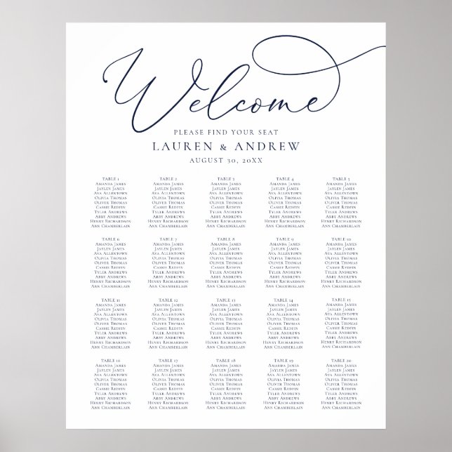 Navy Blue Elegant Print/Digital 20 Seating Chart Poster (Vorne)