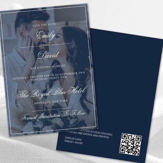 Navy Blue Elegant QR Code Foto Overlay Save The Date (Von Creator hochgeladen)