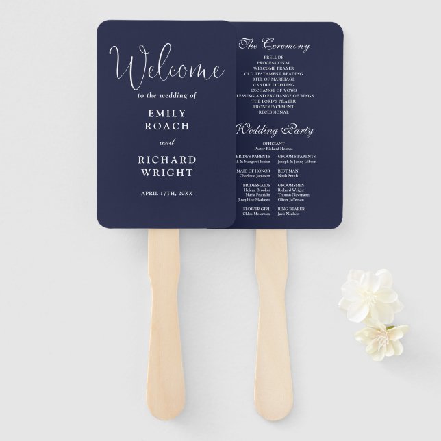 Navy Blue Elegant Script Wedding Program Fächer (Vorne und Hinten)