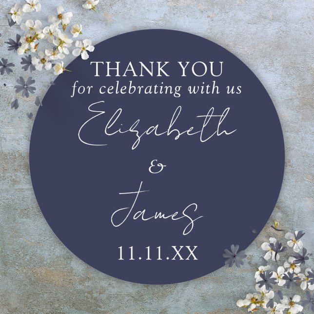 Navy Blue Elegant Script Wedding Vielen Dank Runder Aufkleber (Navy Blue Elegant Script Wedding Thank You Classic Round Sticker)