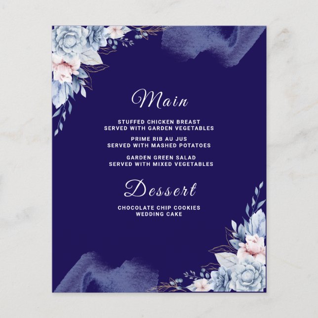 Navy blue elegant wedding Menu card (Vorderseite)
