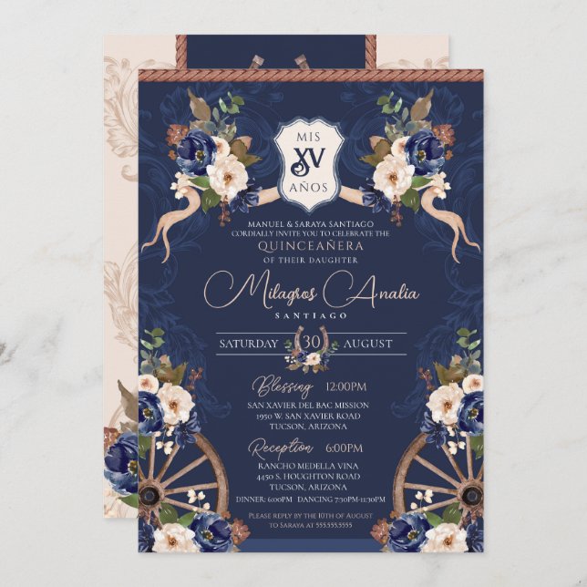 Navy Blue Elegante Baroque Charra Quinceanera Einladung (Vorne/Hinten)