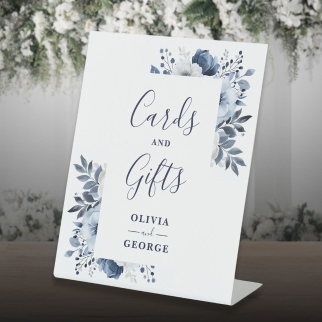 Navy Blue Elegante Moderne Blumenkarten und Gesche Sockelschild (Navy Blue Elegant Modern Floral Cards And Gifts Pedestal Sign)