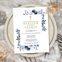 Navy Blue Elegante Moderne Blumentaufen Einladung